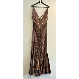 Mandalay Gown 8 Maxi Mermaid V-Neck‎ Ruffle Satin Brown NWT Fairy Whimsical NWT